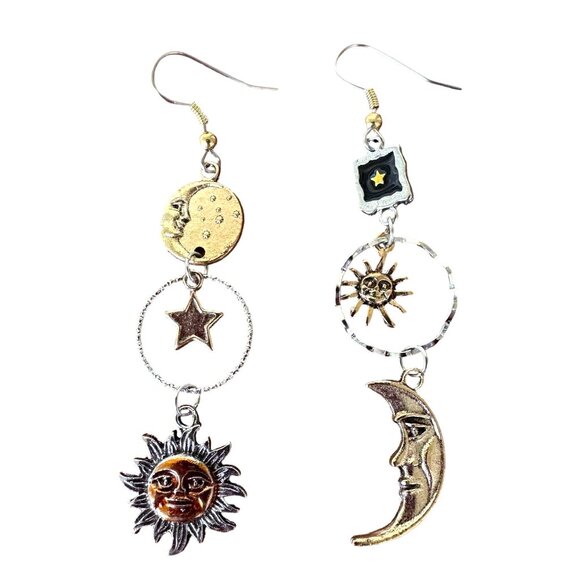 Celestial Sun Moon Stars Earrings Dangle Tarot Halloween Eclectic Mismatched - Picture 4 of 12
